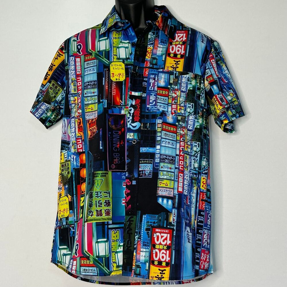 Just Attitude Men’s M Tokyo Neon Japanese Street Print Button-Up Shirt NWT